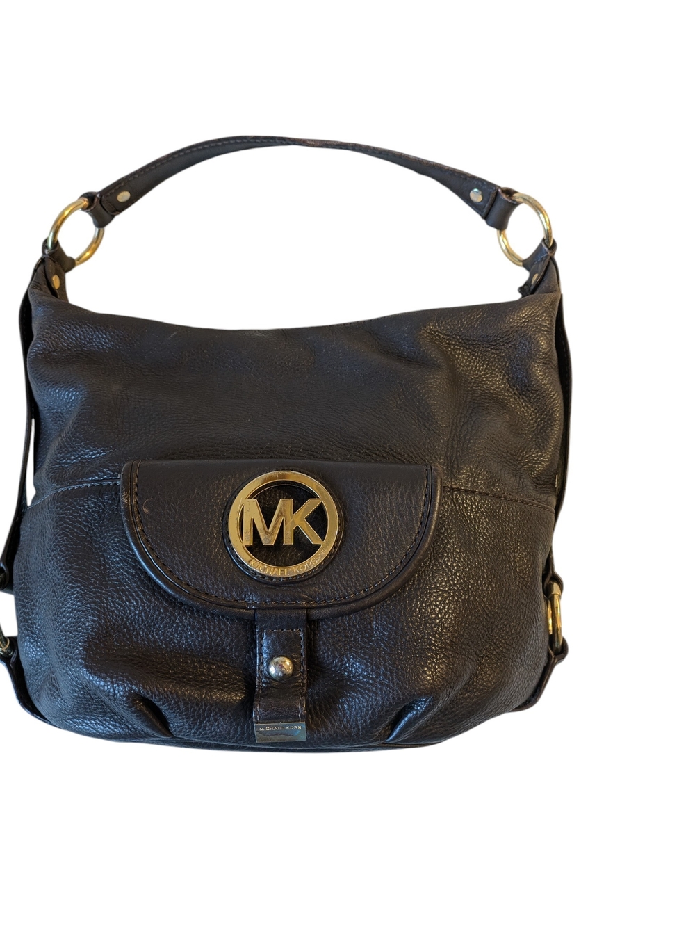 Michael Kors Dark Brown Pebbled Leather Shoulder Bag with Gold MK Logo